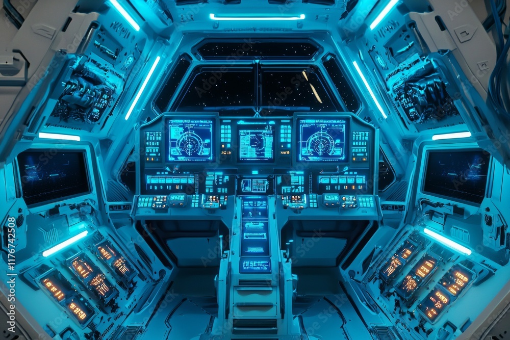 Fototapeta premium The interior of a spaceship, the cockpit features blue lights and numerous buttons and screens.