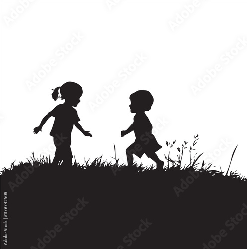 Happy Moments: Silhouette of Children Playing in the Park – Vector Illustration
