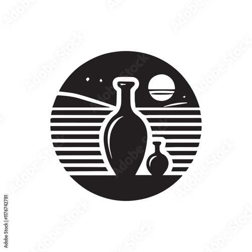 Silhouette of two ceramic vases one large and one small on a white background.