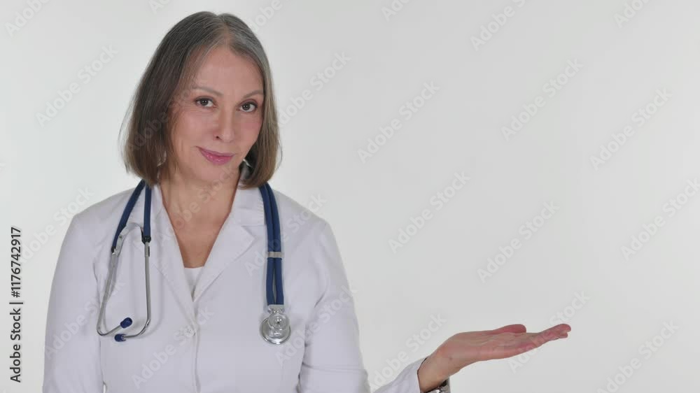 Portrait of Senior Female Doctor Showing Copyspace on White Background Portrait of Senior Female Doctor Showing Copyspace on White Background