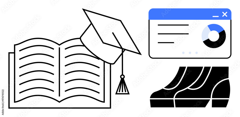 Fototapeta premium Open book with graduation cap, data analysis presentation, and formal shoes symbolize academic achievement, data-driven decision making, and career advancement. Ideal for education, graduation