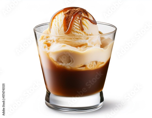 Isolated affogato dessert with ice cream and coffee syrup blend