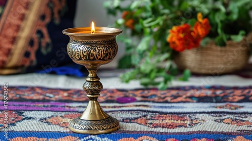 Ornate candle burning, home d?cor,  floral background, peaceful ambiance photo