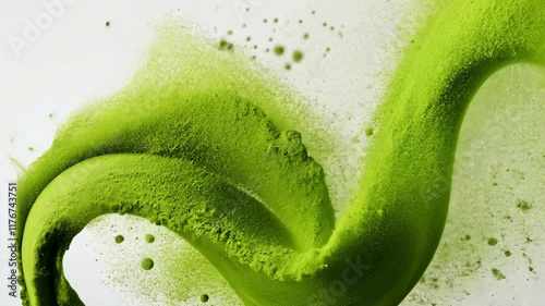 Green powder is being blown into the air. The powder is green and he is a type of powder used for cleaning