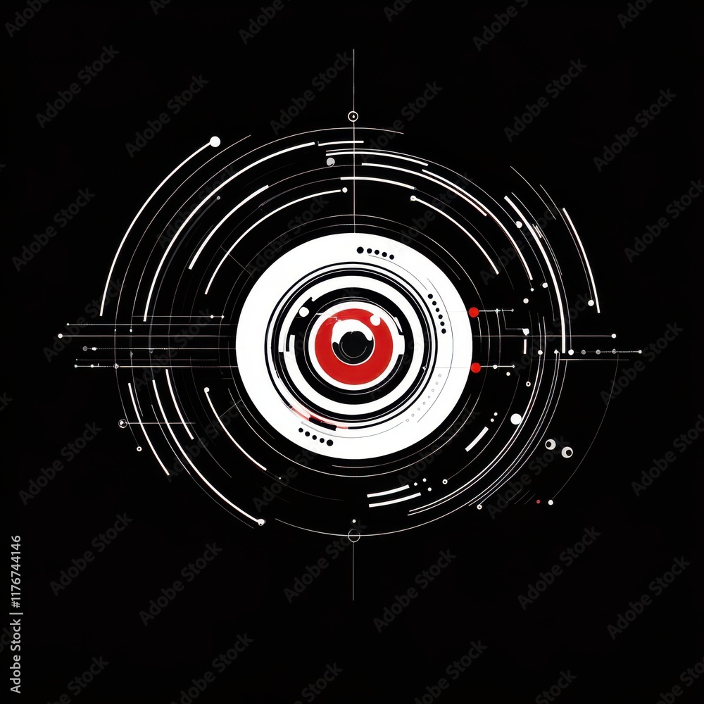 Futuristic abstract design with circular patterns in red, white, and black on a dark background. Futuristic abstract design with circular patterns in red, white, and black on a dark background.