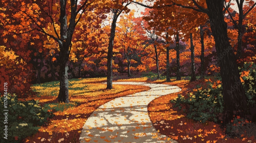 Naklejka premium Autumn park scene with a winding path surrounded by colorful trees in full fall foliage, fallen leaves scattered along the way.