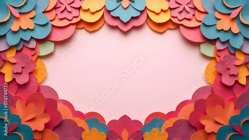 Colorful layered paper cut frame in bright tones with blank center. Greeting cards, event invitations, creative designs, banner,