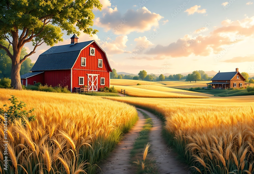 A red barn with a white door sits in a field of golden wheat A red barn with a white door sits in a field of golden wheat