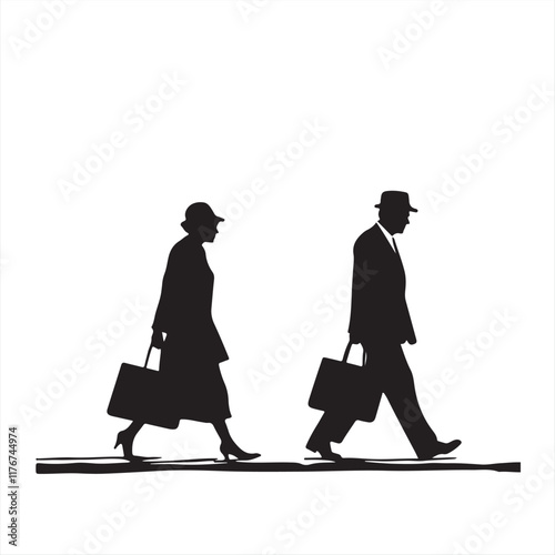 Silhouette of a Man and Woman Walking with Suitcases - Vector Illustration