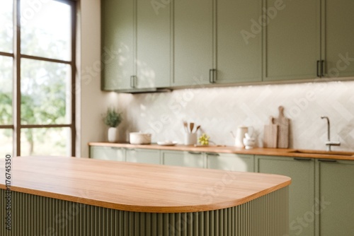 Modern Green Kitchen with Wooden Countertop design. Stylish modern kitchen featuring green cabinetry. 3d render.