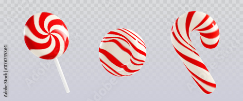 3D candy collection - peppermint lollipop with spiral pattern, round striped sweet and curved Christmas cane. Realistic red and white striped confectionery design elements for festive decoration.