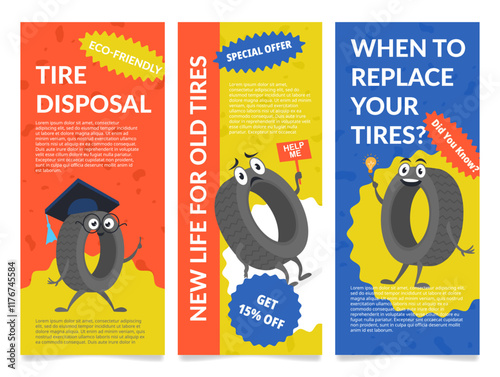 Colorful flyers promoting eco-friendly tire disposal and recycling services in the local community for all residents