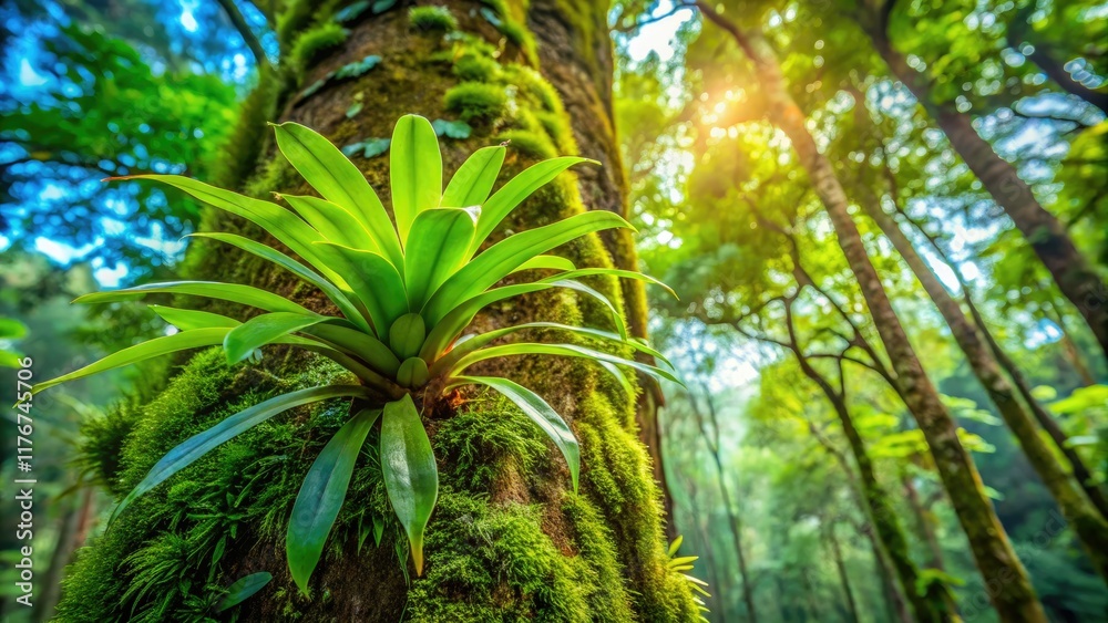 Close-up botanical photography reveals an epiphytic plant clinging to rainforest bark, its aerial roots showcased in a rule-of-thirds composition. Close-up botanical photography reveals an epiphytic plant clinging to rainforest bark, its aerial roots showcased in a rule-of-thirds composition.