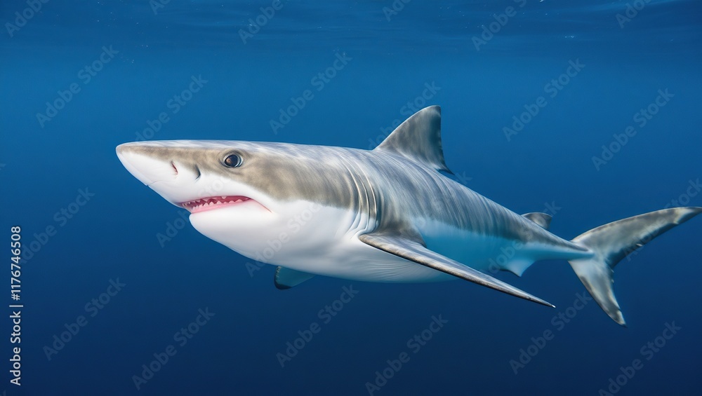 Fototapeta premium Great White Shark Swimming in Deep Blue Ocean Water