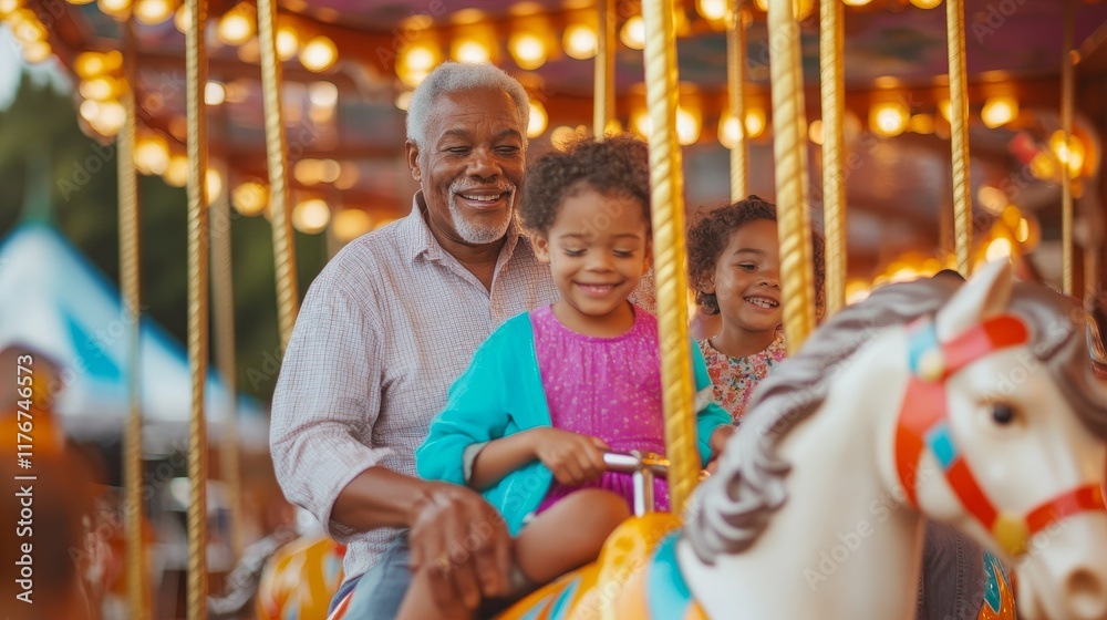 Joyful Grandparents and Grandchildren Enjoying Carousel Ride at Colorful Carnival with Warm Brown Skin Tones Joyful Grandparents and Grandchildren Enjoying Carousel Ride at Colorful Carnival with Warm Brown Skin Tones
