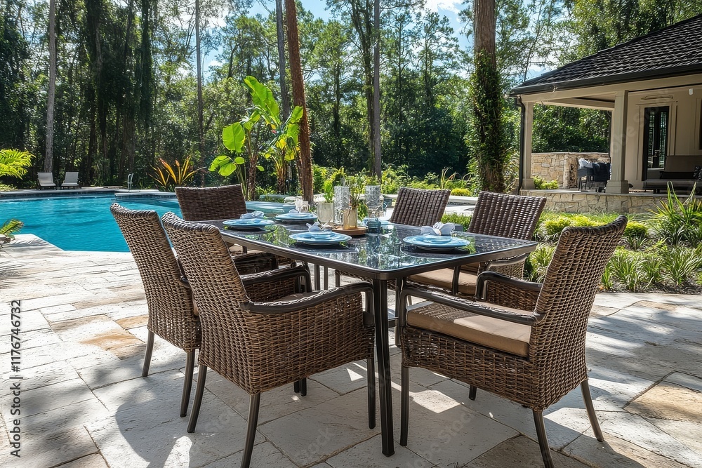 Obraz premium Outdoor dining set with glass top table, 6 brown wicker rattan chairs, and outdoor pool in the background, ideal for alfresco dining.