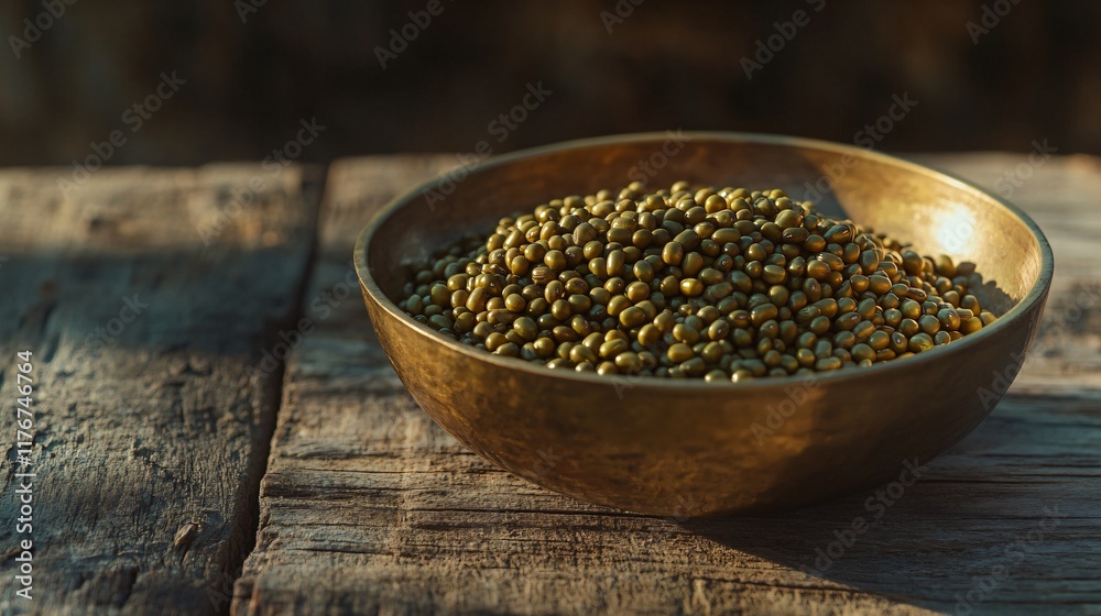 A small pile of mung beans in an antique brass bowl, isolated on a weathered wood background with soft light A small pile of mung beans in an antique brass bowl, isolated on a weathered wood background with soft light