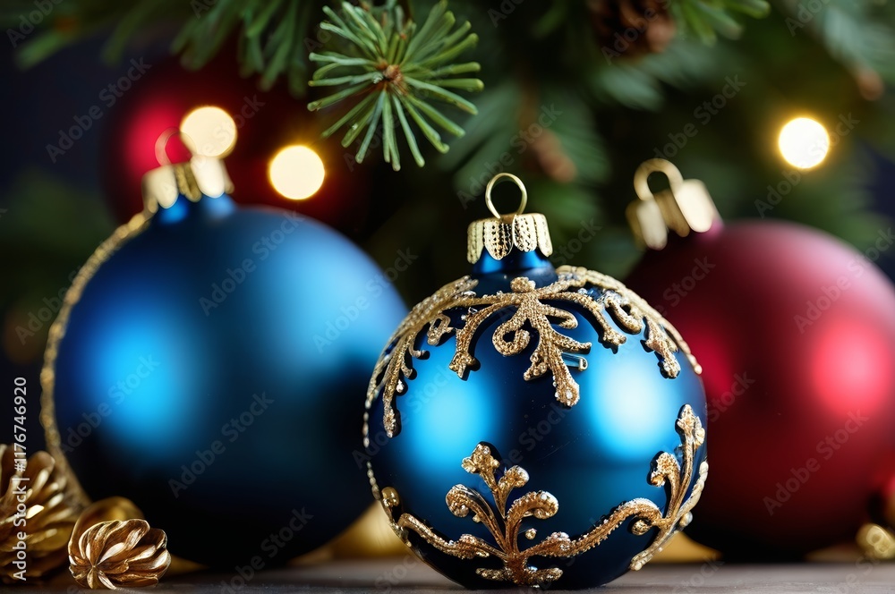 there are three christmas ornaments on a table with a christmas tree in the background there are three christmas ornaments on a table with a christmas tree in the background