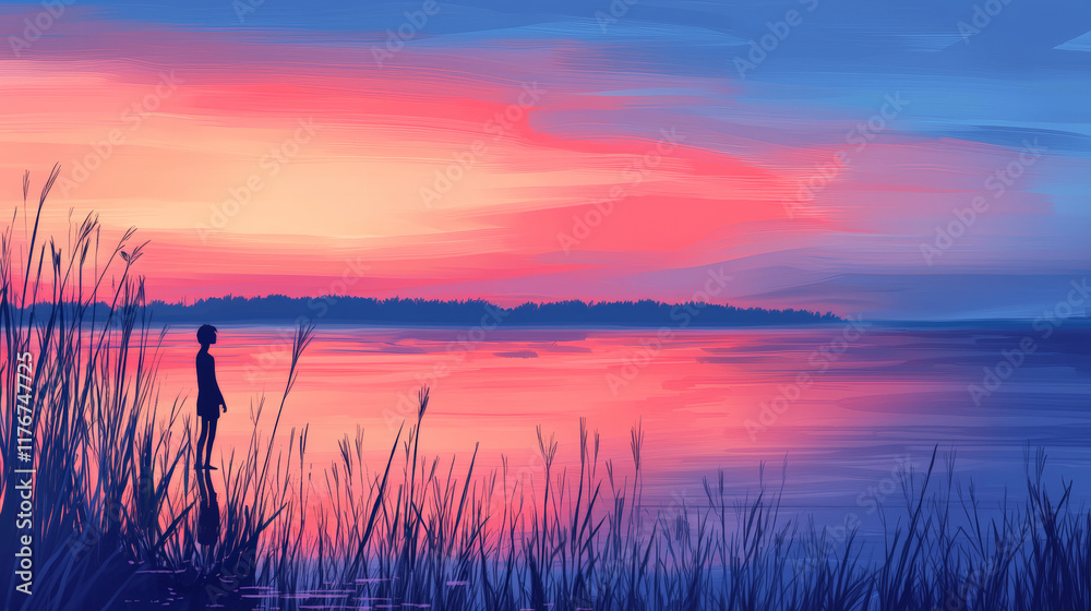 tranquil silhouette near water at sunset, reflecting vibrant colors tranquil silhouette near water at sunset, reflecting vibrant colors