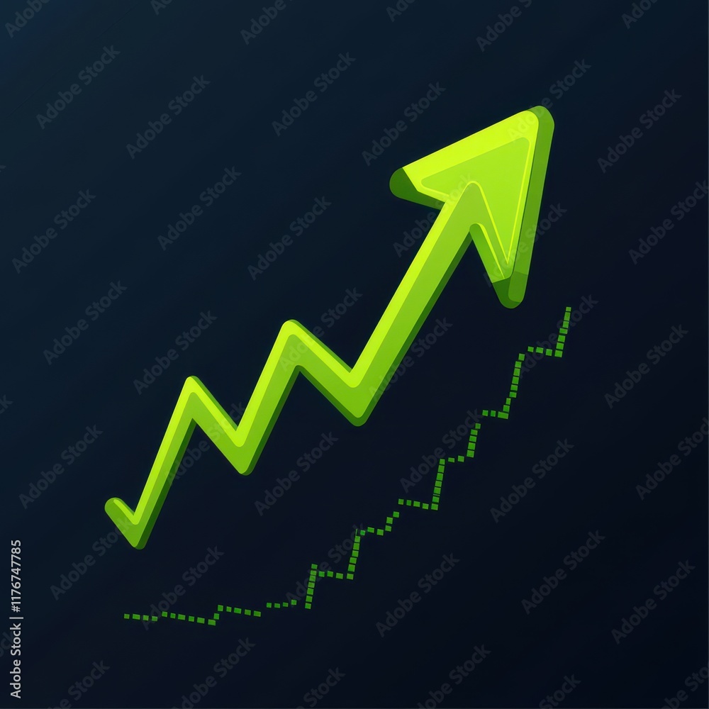 Stylish green arrow indicating growth and progress on a dark background. Stylish green arrow indicating growth and progress on a dark background.