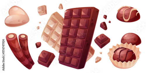 Chocolate bars and candies isolated on white background. Vector cartoon illustration of bitter dark, sweet milk and white cacao dessert, heart shape sweet in paper wrapping, confectionery banner