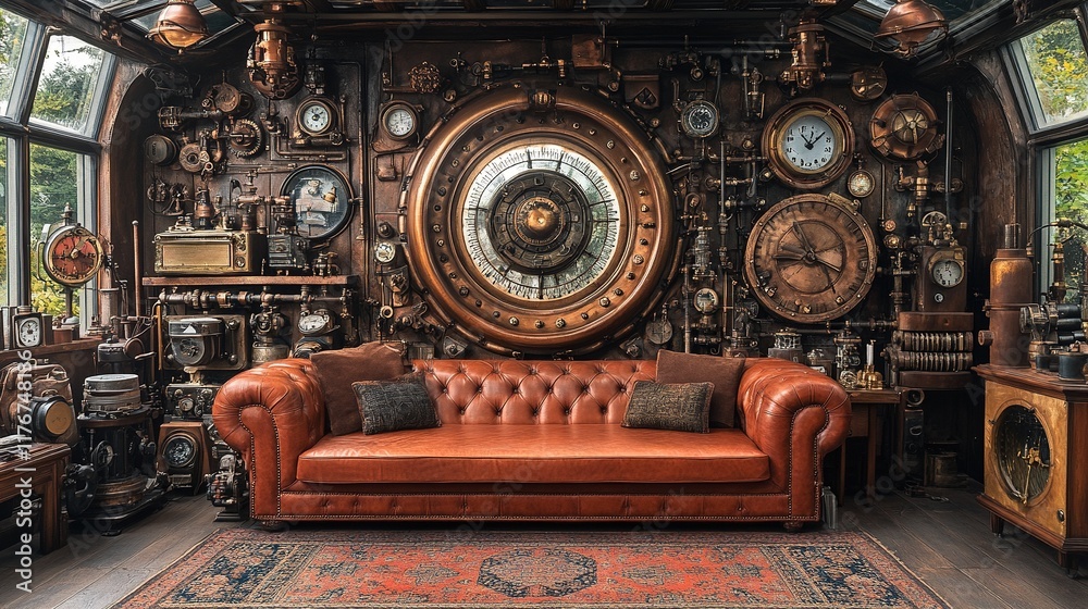 A steampunk-inspired interior featuring a leather sofa and intricate mechanical decor. A steampunk-inspired interior featuring a leather sofa and intricate mechanical decor.