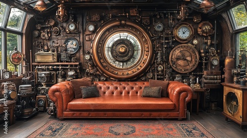 A steampunk-inspired interior featuring a leather sofa and intricate mechanical decor.