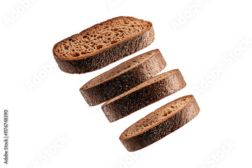 Sliced Pumpernickel bread loaf, isolated on white transparent background, concept of delicious dessert.