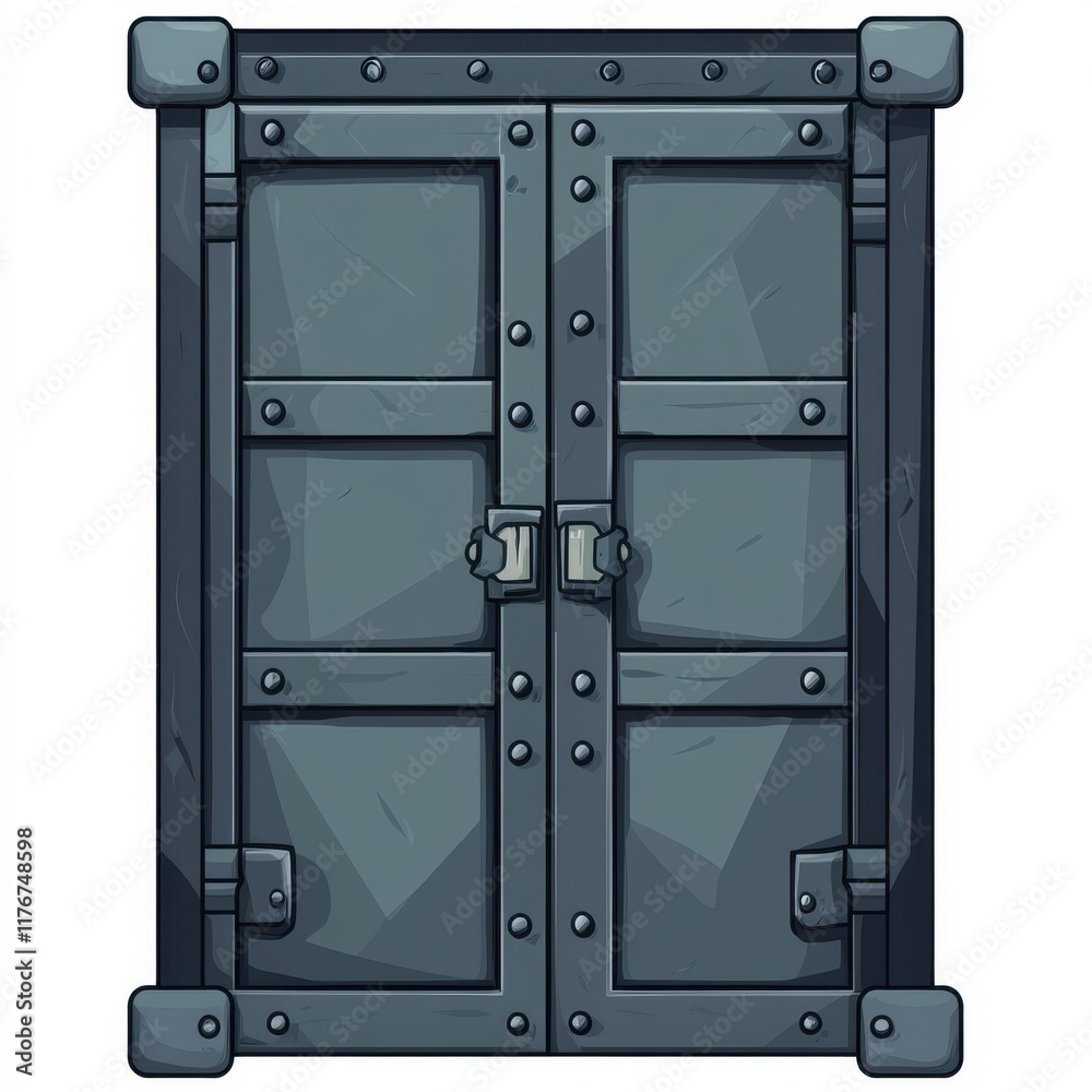 Fototapeta premium A sturdy, medieval-style double door with a stone texture and metal accents, enhancing its imposing look.