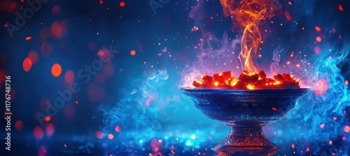 Hookah hookah with glowing red coals and flying sparks in a bowl on a blue background photo