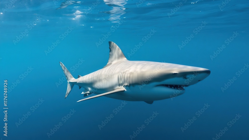 Fototapeta premium A Great White Shark Swims Underwater In The Ocean