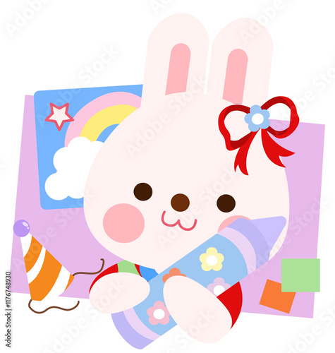 Happy bunny holding colorful crayon. Colorful with rainbow background.
