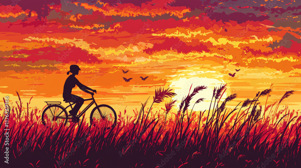 Fototapeta premium silhouette of cyclist in vast field during vibrant sunset