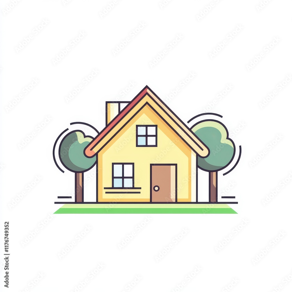 A colorful illustration of a charming yellow house surrounded by green trees. A colorful illustration of a charming yellow house surrounded by green trees.