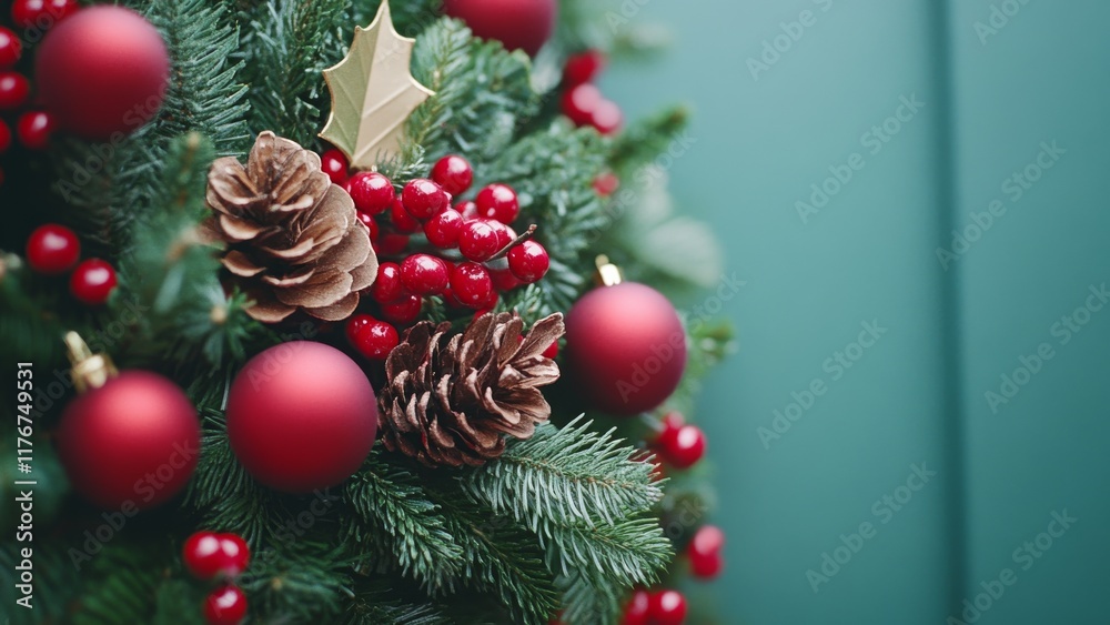 Fototapeta premium Festive holiday decorations featuring red ornaments and pinecones