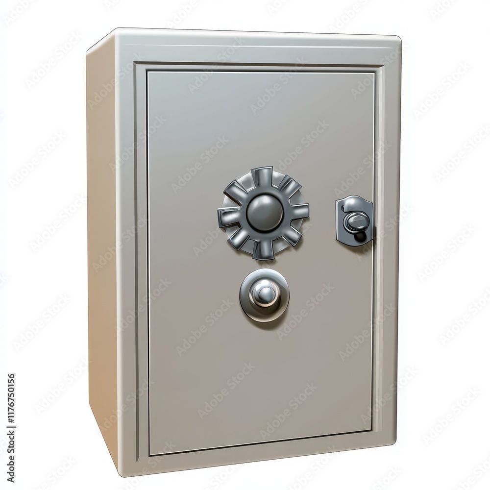 A metallic safe with a circular combination lock, designed for security and protection of valuables. A metallic safe with a circular combination lock, designed for security and protection of valuables.