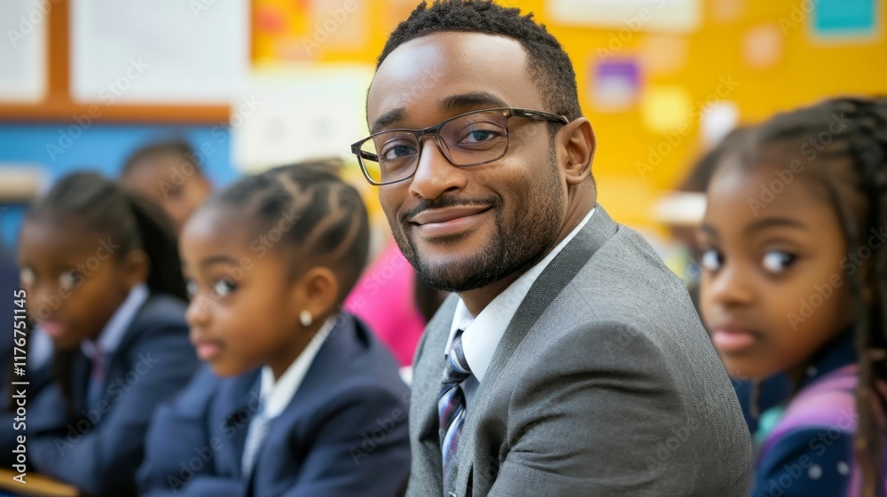 Smiling teacher with students in classroom. Smiling teacher with students in classroom.
