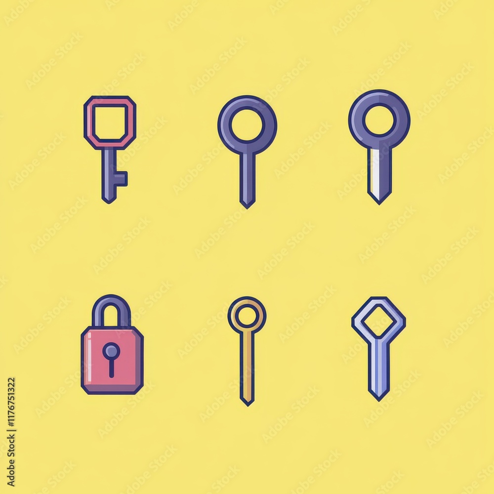 Colorful keys and a padlock on a bright yellow background in a modern, flat design style. Colorful keys and a padlock on a bright yellow background in a modern, flat design style.