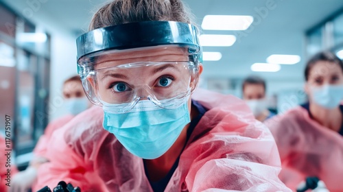 Focused doctor, PPE, hospital hallway, team support, medical photo