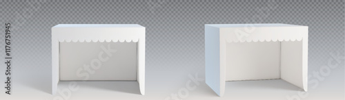 White tent booth mockup set with decorative scalloped valance - empty rectangular stall display from different angles. Exhibition space template for trade show, market presentation or promotion event.