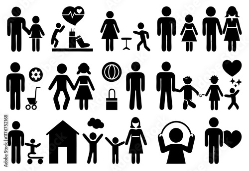 Family and Relationship Stick Figure Icons Vector Illustration