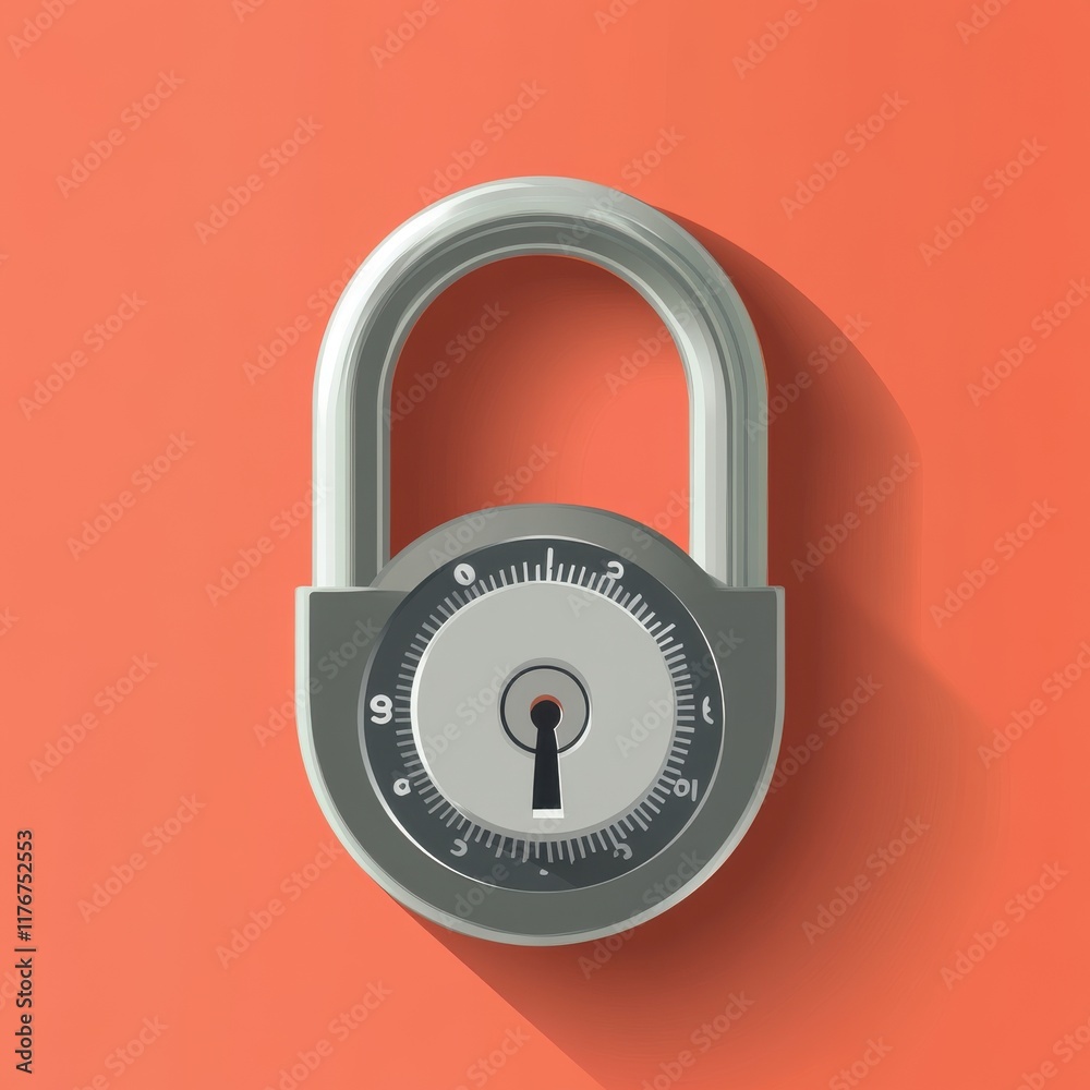 A gray combination lock with a dial set against a vibrant coral background, symbolizing security. A gray combination lock with a dial set against a vibrant coral background, symbolizing security.