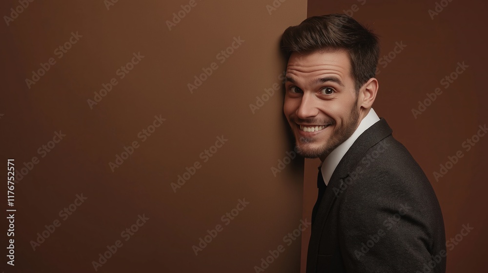 Fototapeta premium Smiling Businessman Peeking Around Corner