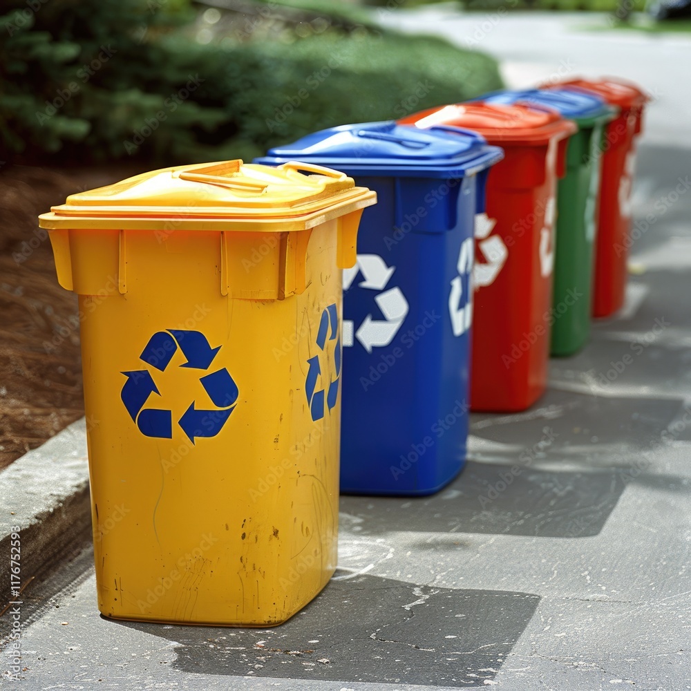 A row of colorful recycling bins in various shades sits along a sidewalk, promoting environmental sustainability and waste separation. A row of colorful recycling bins in various shades sits along a sidewalk, promoting environmental sustainability and waste separation.