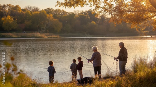 Family Bonding: Grandparents and Grandchildren Fishing Together at Serene Lake During Golden Hour with Warm Olive Skin Tones