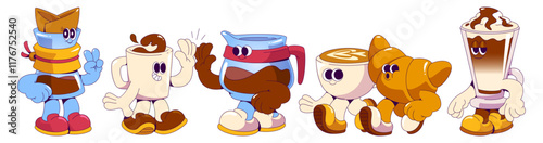 Groovy coffee mascot characters collection - maker showing victory sign, ceramic mug and full pot making give five gesture, latte cup with croissant hugging, latte glass topped with whipped cream.