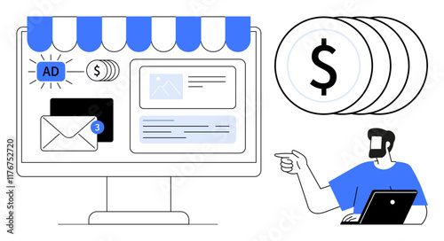 Computer monitor displaying marketing elements, emails, and ads, illustrating online business tactics. Man with laptop pointing at dollar sign, alluding to financial growth. Ideal for e-commerce