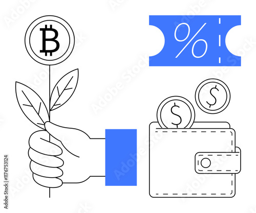 Hand holding Bitcoin sprout symbolizing financial growth, dollar coins floating above wallet, percentage discount ticket beside. Ideal for finance, investment, cryptocurrency, savings, discounts