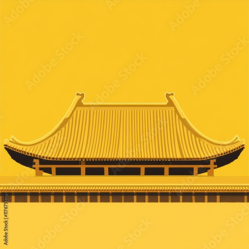 A vibrant yellow traditional Asian roof with elegant curves and intricate detailing against a matching background. photo