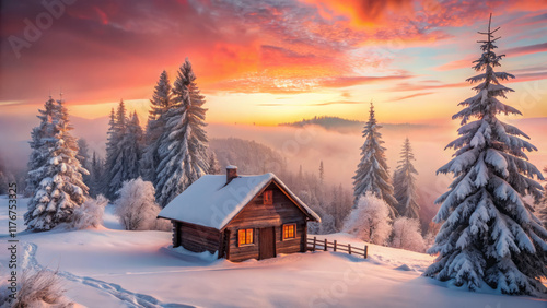 cozy cabin surrounded by snow covered trees at winter sunrise